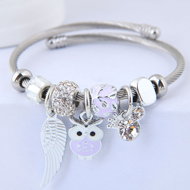 Stainless Steel Bracelet with DIY Beaded Owl and Angel Wings Pendant 6 Twokee.com