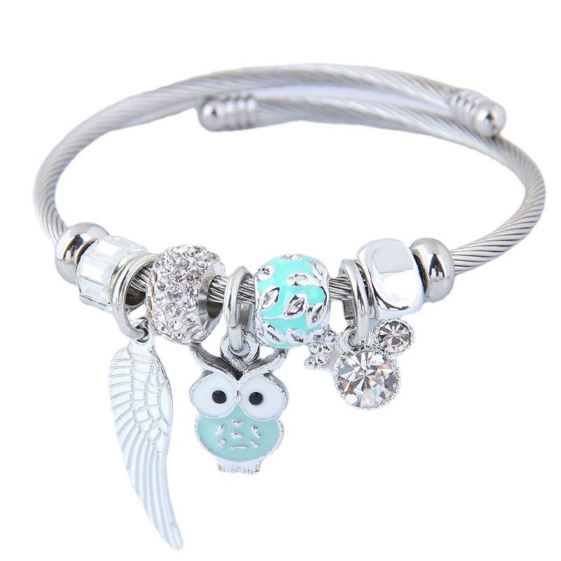 Stainless Steel Bracelet with DIY Beaded Owl and Angel Wings Pendant 1 Twokee.com