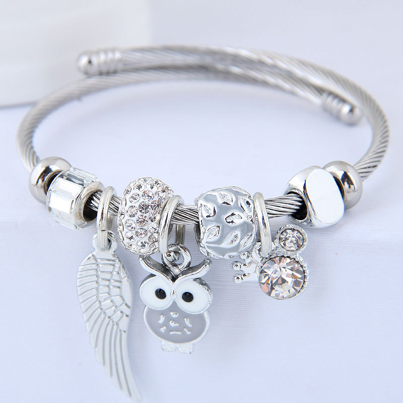 Stainless Steel Bracelet with DIY Beaded Owl and Angel Wings Pendant 3 Twokee.com