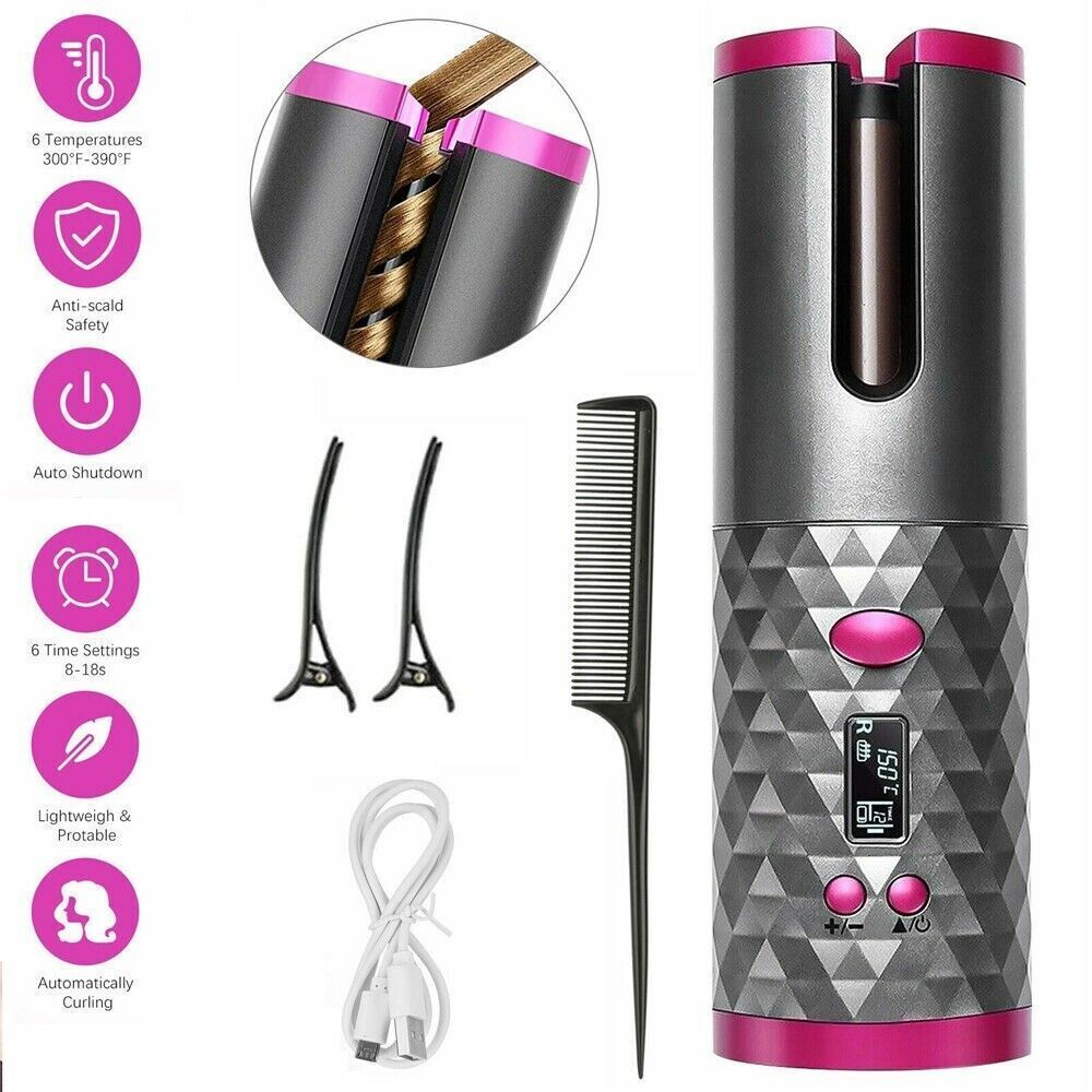 LCD Display Rechargeable Hair Curler with Automatic Rotation 1 Twokee.com