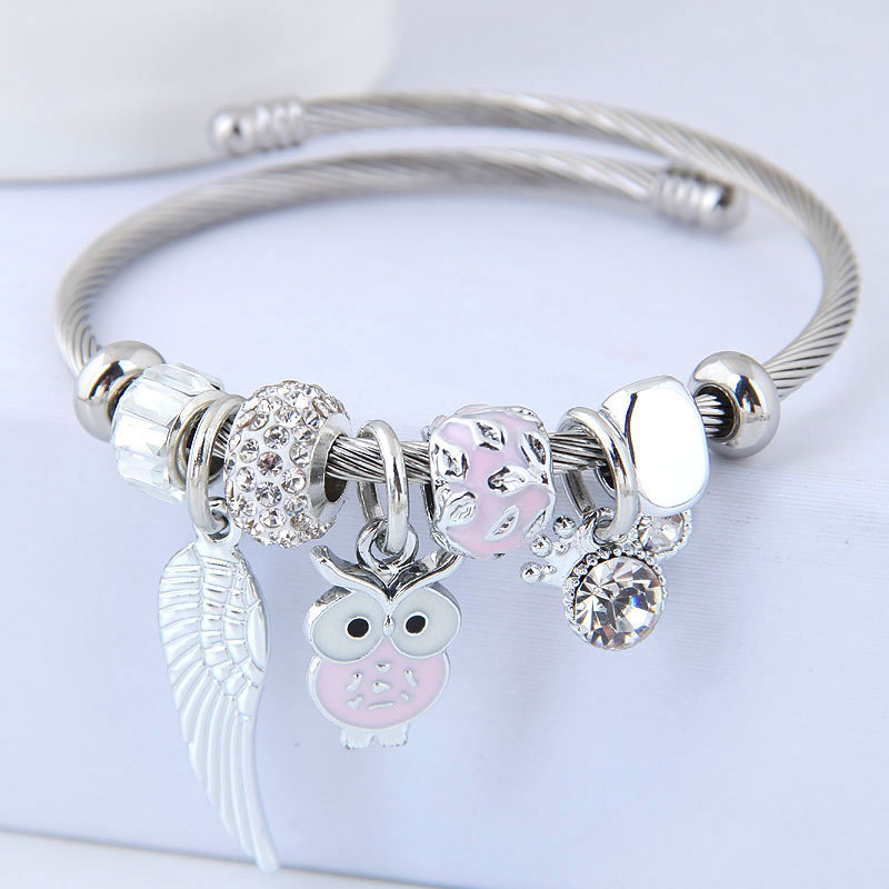 Stainless Steel Bracelet with DIY Beaded Owl and Angel Wings Pendant 9 Twokee.com